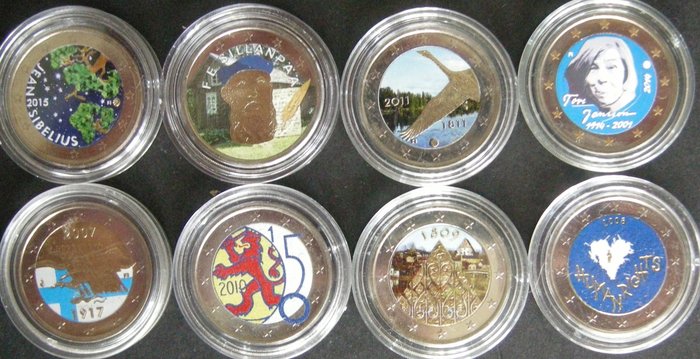 Finland 2 Euro 2007/2014 (8 stuks) in kleur  (Ingen mindstepris)