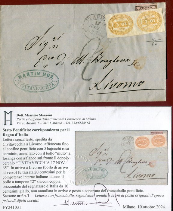 Antikke Italienske Stater - Kirkestaten 1852/1863 - Korrespondance fra det pavelige til Italien. - Sassone 6A, Regno Tax 1.