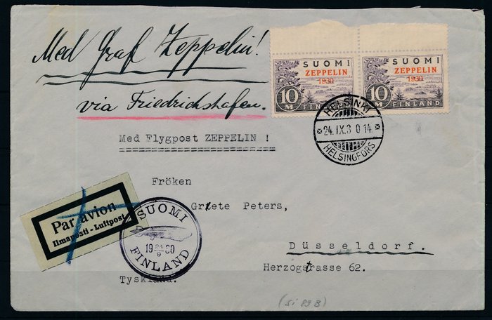 Tyske Kejserrige 1930 - Zeppelin-luftskib LZ 127 - returrejse fra Finland-turen fra Helsinki til Düsseldorf - und hochwertiger Frankatur von einem Paar Michel Nr. 161 (2)