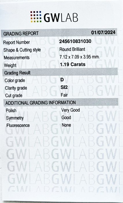 1 pcs Diamant  (Natur)  - 1.19 ct - Rund - D (farveløs) - SI2 - Gemewizard Gemological Laboratory (GWLab)