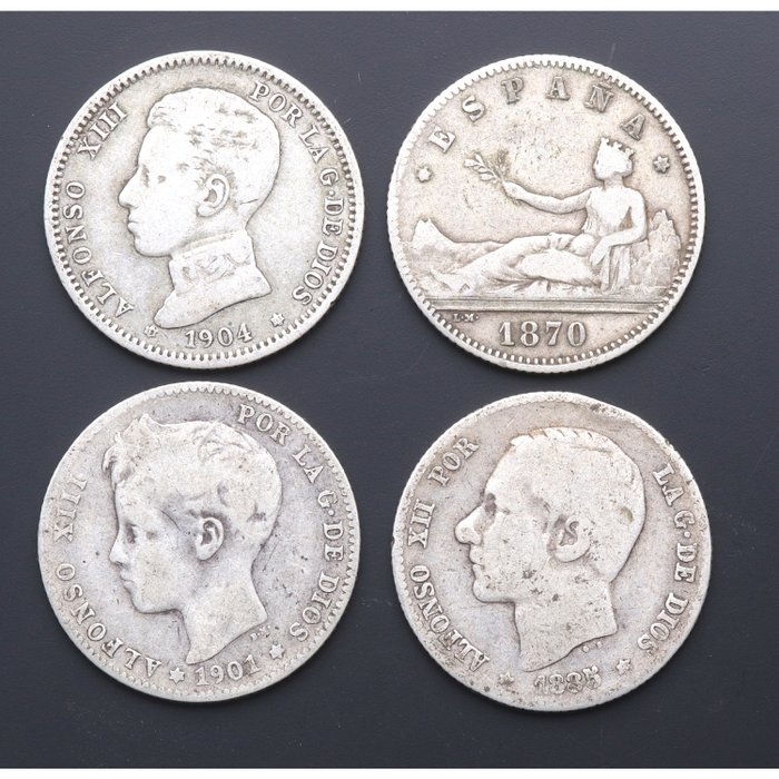 Spanien. Lote de 4 monedas: 1 peseta 1870-1904  (Ingen mindstepris)