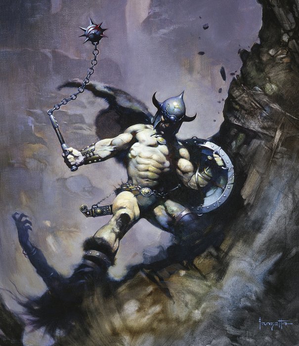 Warrior with Ball and Chain - Frank Frazetta - Signature Engraved in Gold - Varnished - Canvas 41/75 - FF Golden Collection