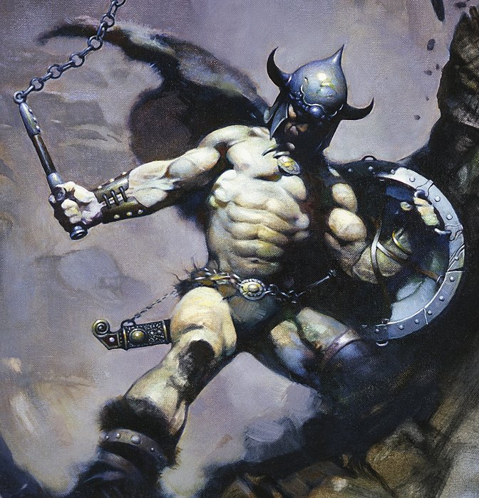 Warrior with Ball and Chain - Frank Frazetta - Signature Engraved in Gold - Varnished - Canvas 41/75 - FF Golden Collection