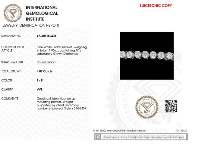 Armbånd - 18 kraat Hvidguld -  4.87ct. tw. Diamant (Laboratoriedyrket)