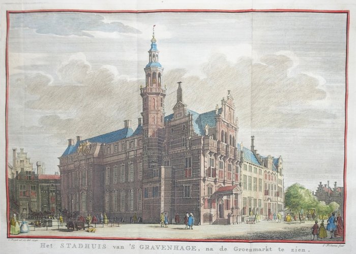 Holland - Haag; C Pronk / I Folkema / I Tirion - Het Stadhuis van 'S Gravenhage, na de Groenmarkt te zien. - ca. 1745