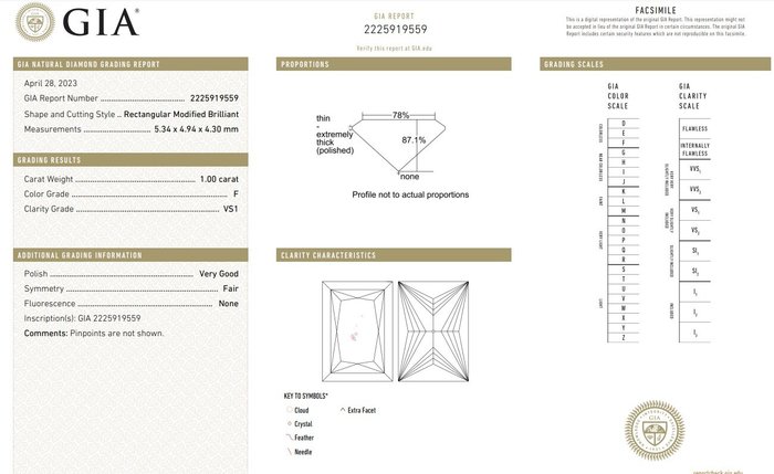 Ingen mindstepris - 1 pcs Diamant  (Natur)  - 1.00 ct - Rektangel - F - VS1 - Gemological Institute of America (GIA)