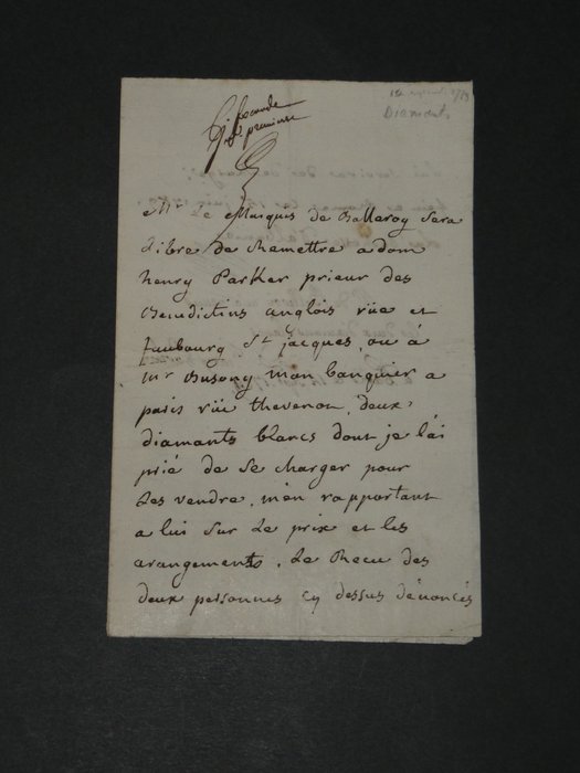 La duchesse d'Albanie - Révolution française - La royauté constitutionnelle - Pièce autographe signée concernant la vente de ses diamants - 1789