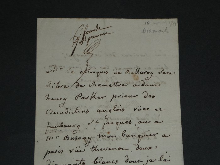 La duchesse d'Albanie - Révolution française - La royauté constitutionnelle - Pièce autographe signée concernant la vente de ses diamants - 1789