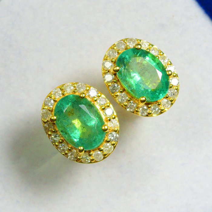 Øreringe - 14 karat Gulguld -  2.07ct. tw. Smaragd - Diamant - Fantastisk Emeralds ørering