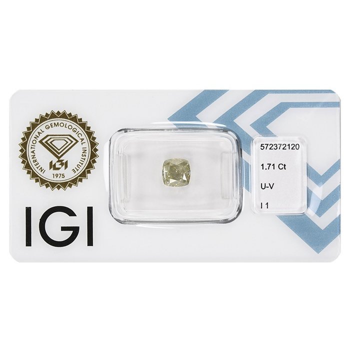 1 pcs Diamant  (Naturfarvet)  - 1.71 ct - Pude - I1 - International Gemological Institute (IGI)