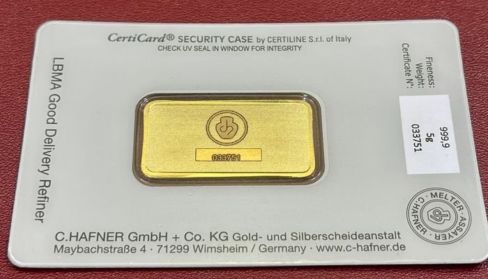 5 gram - Guld 999 - C. Hafner, Germany - Forseglet  Med certifikat