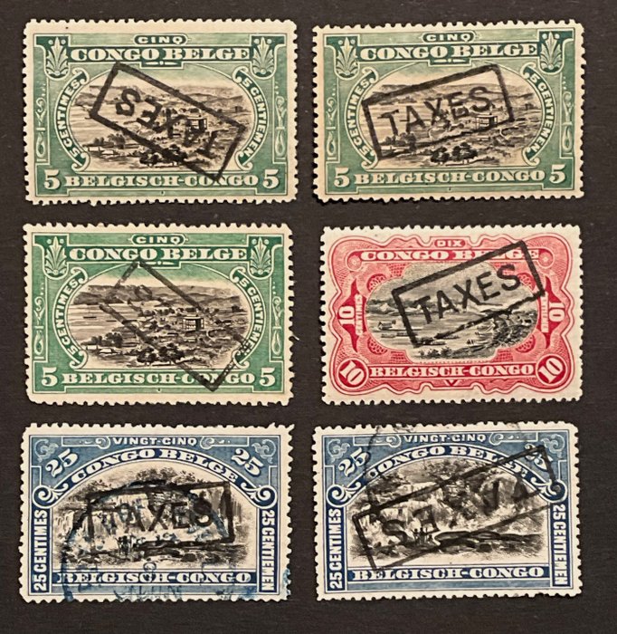 Belgisk Congo 1908/1915 - Indsamling af frimærker - typer SKAT påtryk på MOLS-udgaver inklusive 5fr  20fr. - TX o.a. TX6C, 6D