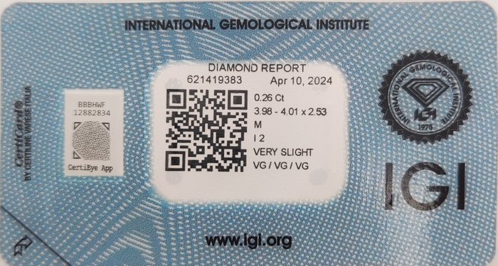 Ingen mindstepris - 1 pcs Diamant  (Natur)  - 026 ct - Rund - M - I2 - International Gemological Institute (IGI)