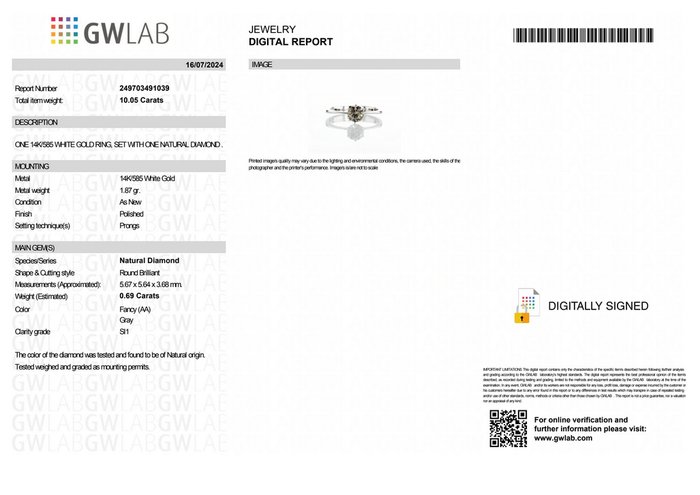 Ingen mindstepris - Ring - 14 karat Hvidguld -  069ct tw Grå Diamant (Naturfarvet) - GWLab