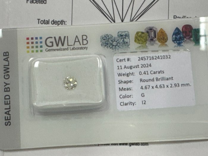 Ingen mindstepris - 1 pcs Diamant  (Natur)  - 0.41 ct - Rund - G - I2 - Gemewizard Gemological Laboratory (GWLab)