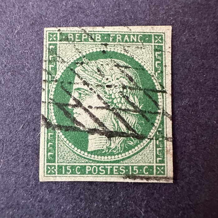 Frankrig  - YT 2 "Cérès 15c green" OBL endeløst gitter - TB signeret Brun