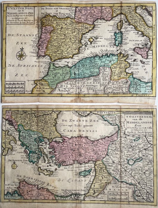 Middellandse Zee, alle kustlanden - Portugal, Spanien, Italien, Grækenland, Tyrkiet, Libanon, Israel, Egypten, Libyen, Algeriet, Marokko; Jacob Keizer, Jan de Lat, naar G. de L'Isle - 'T Wester Deel / 'T Oosterdeel van de Middellandse Zee - 1721-1750