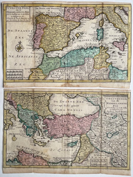 Middellandse Zee, alle kustlanden - Portugal, Spanien, Italien, Grækenland, Tyrkiet, Libanon, Israel, Egypten, Libyen, Algeriet, Marokko; Jacob Keizer, Jan de Lat, naar G. de L'Isle - 'T Wester Deel / 'T Oosterdeel van de Middellandse Zee - 1721-1750