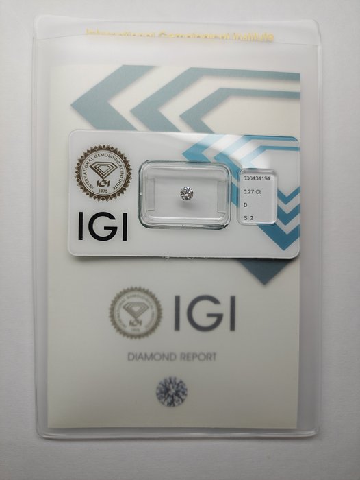 Ingen mindstepris - 1 pcs Diamant  (Natur)  - 027 ct - Rund - D (farveløs) - SI2 - International Gemological Institute (IGI)