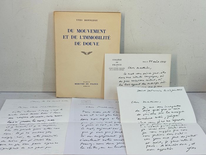 Signé;  Yves Bonnefoy - Du mouvement et de l'immobilité de Douve [avec 4 lettres autographes signées adressées à Mathieu - 1953