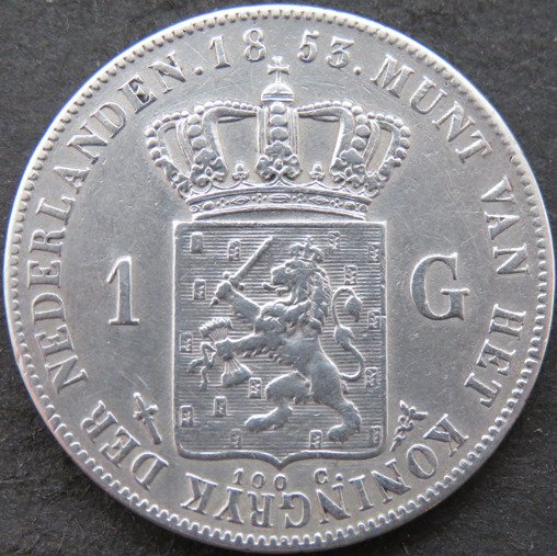 Holland. Willem III. 1 Gulden 1853/51  jaartalwijziging schaars