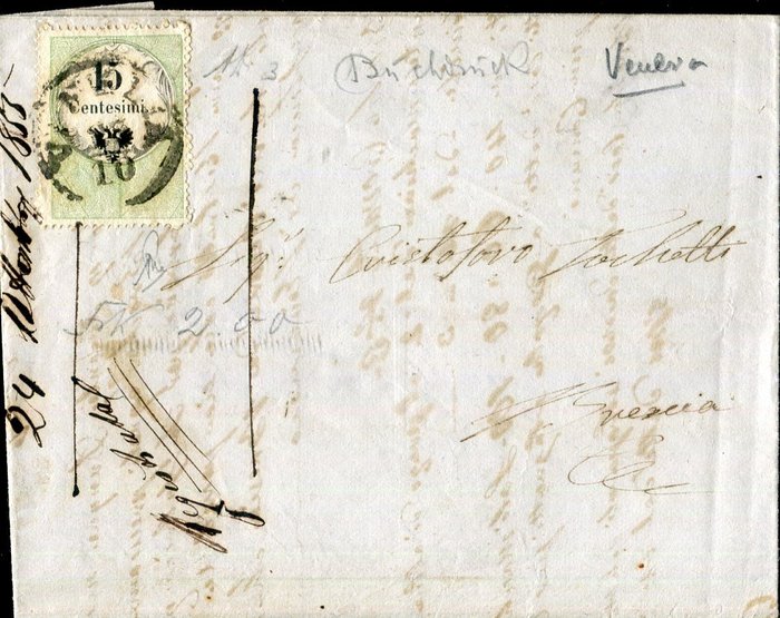 Italienske Antikke Stater - Lombardiet-Venetien 1854 - Indtægtsstempel brugt til postformål. - Sassone Marche da Bollo n° 3