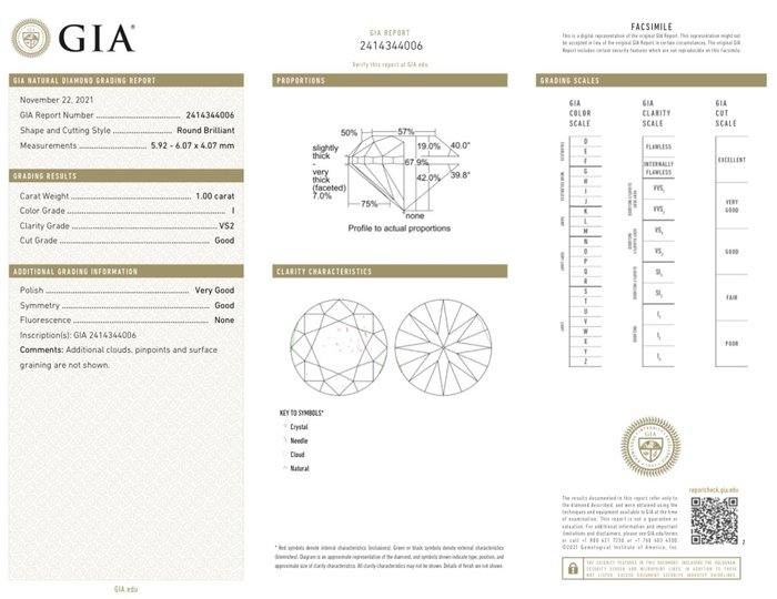 1 pcs Diamant  (Natur)  - 1.00 ct - Rund - I - VS2 - Gemological Institute of America (GIA)