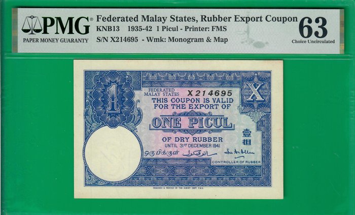 Malaysia. - 1 Picul (1935-1942) rubber export coupon - KNB 13  (Ingen mindstepris)