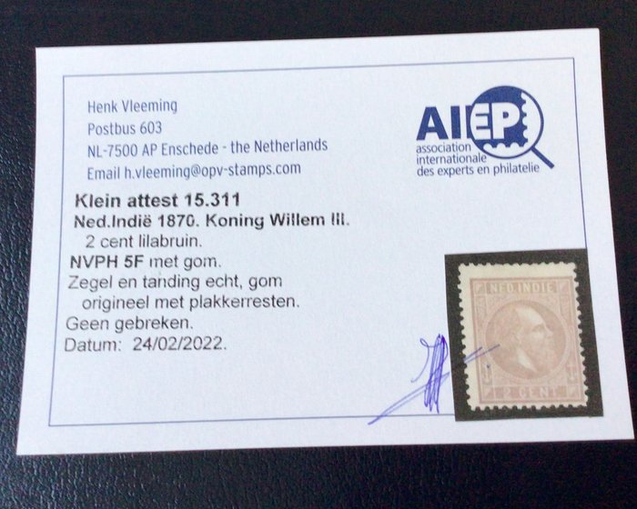 Hollandsk Østindien 1870 - King William III - 2 cents lilla brun + certifikat - NVPH 5F