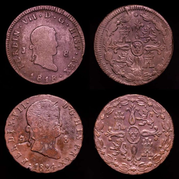 Spanien. Fernando VII (1813-1833). 8 Maravedís x 2 1818 - 1824 - pareja de monedas de 8 Maravedís de cobre  (Ingen mindstepris)