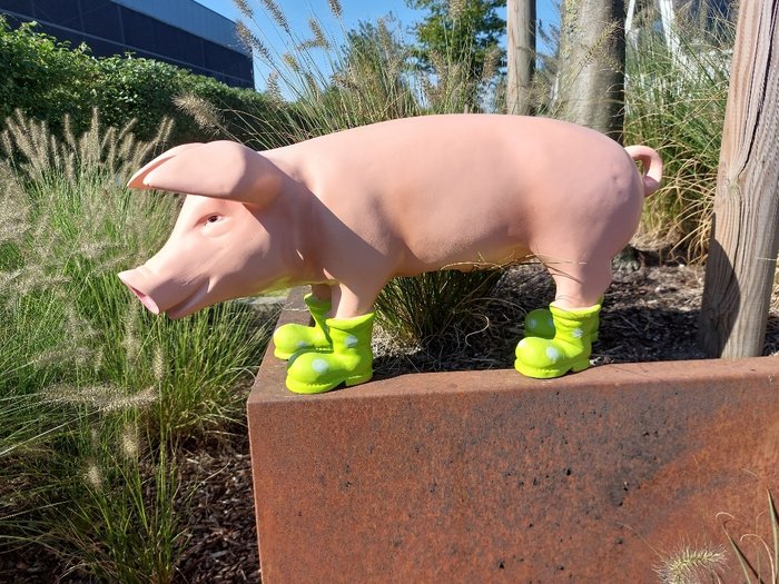 Statue funny  pig with green boots - 32 cm - polyresin