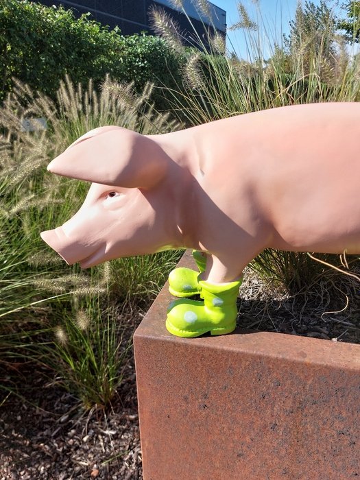 Statue funny  pig with green boots - 32 cm - polyresin