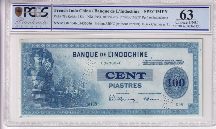 Fransk Indokina. - 100 Piastres - ND (1945) - Specimen - Pick 78s