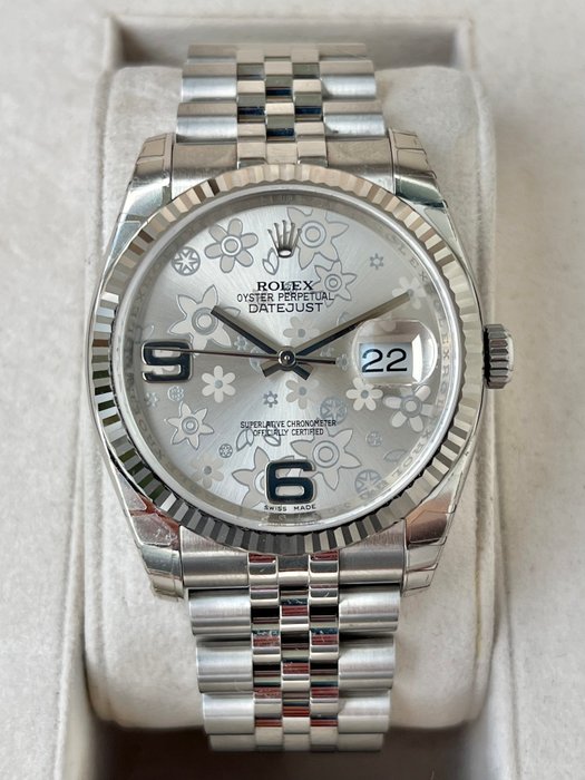 Rolex - Oyster Perpetual Date Just 36 * Silver Floral Motif Dial * White Gold Bezel - Ref 116234 - Unisex - 2010-2020