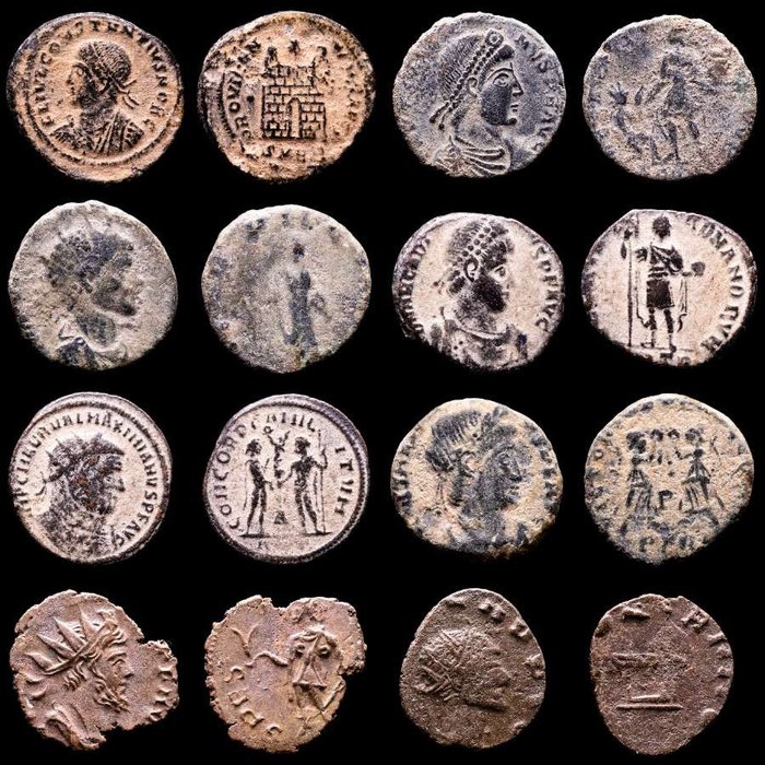 Romarriket. Lot comprising eight (8) AE coins:  Antoninianus, Follis, Maiorinas. Antoninianus, Follis, Maiorinas. Magnus Maximus, Arcadius, Constans, Quintillus, Tetricus I, Constantius II, Claudius II  Maximianus  (Ingen mindstepris)