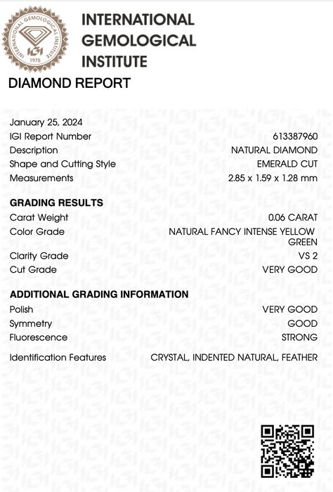 1 pcs Diamant  (Naturfarvet)  - 006 ct - Smaragd - Fancy intense Gul Grøn - VS2 - International Gemological Institute (IGI)