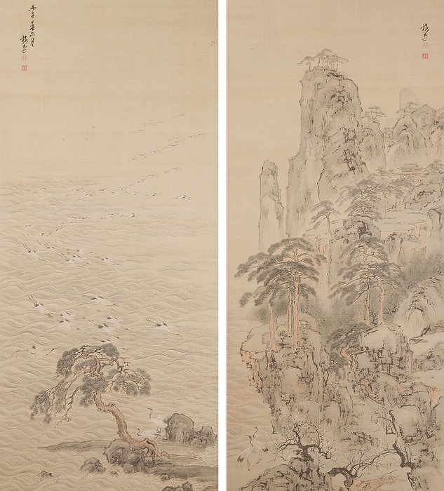 Stunning landscape diptych "Horaisan", signed - including inscribed tomobako - Yamamoto Baiitsu (1783–1856) - Japan - Sene Edo-periode