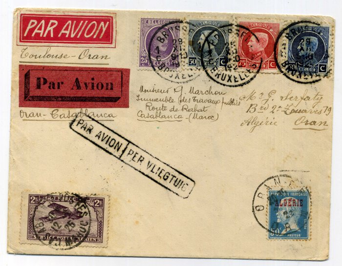 Belgien 1921/1922 - Sjældent brev Belgien - Frankrig - Marokko - Algeriet af AEROPOSTALE 1926 + belgisk flystempel + - COB N°187+197+211+212 Montenez