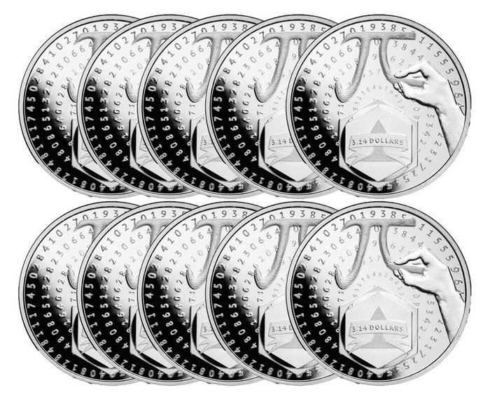 Salomonøerne. 10 x 1 oz 2024 $3.14 Dollars Solomon Islands Number Pi Coin BU (In Capsule)