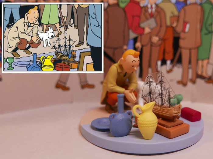 Moulinsart - Tintin - "Le Secret de La Licorne" - Tintin scène cube – Tintin et Milou au marché aux puces - Hergé