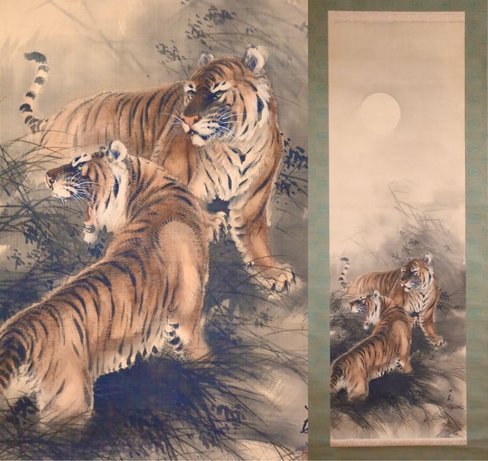 2 Fierce Tigers 猛虎 - Beast under the Moon - Hanging Scroll - “Ishikawa Chikuson 石川竹邨 (1884-1952) ” - Japan  (Ingen mindstepris)