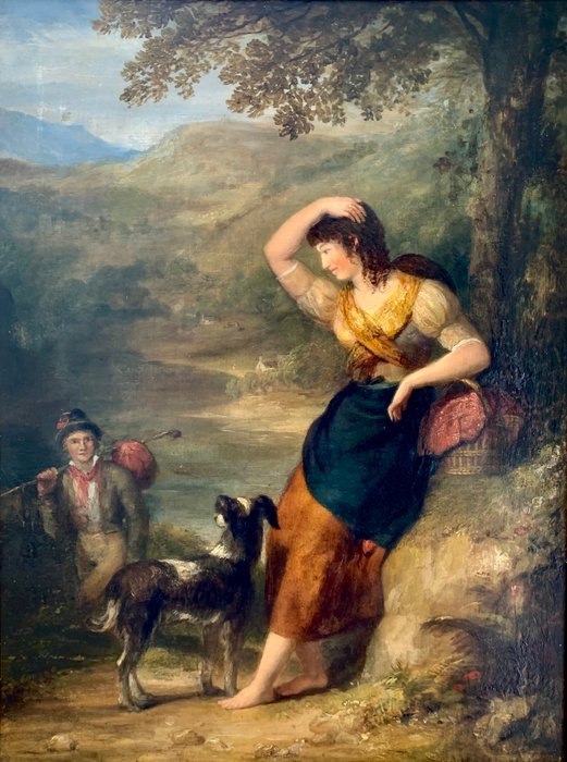 Henry Howard R.A (1769-1847), Attributed to - A barefooted maiden and dog within a pastoral landscape.