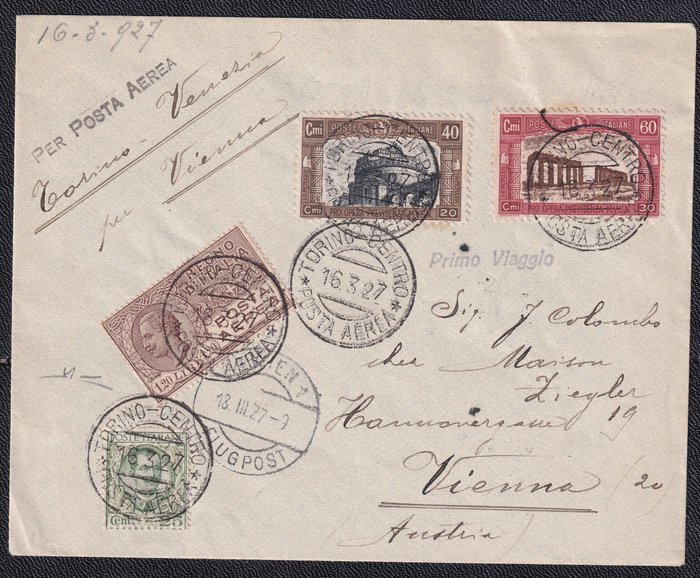 Italien Kongerige 1927 - Envelope med fly fra Torino til Wien