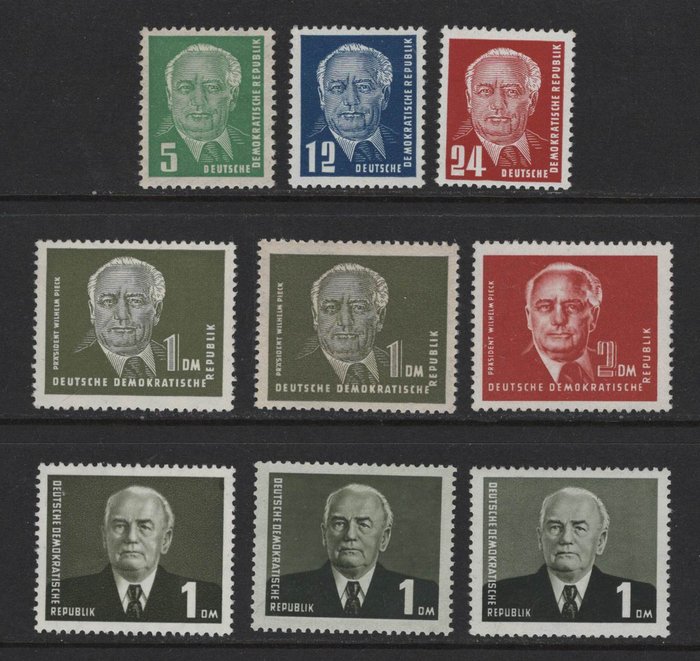 GDR 1952/1953 - "Pieck II." inklusive to varianter af 1 DM og tre forskellige. 1 DM "Pieck III" - Michel 322-26, 342