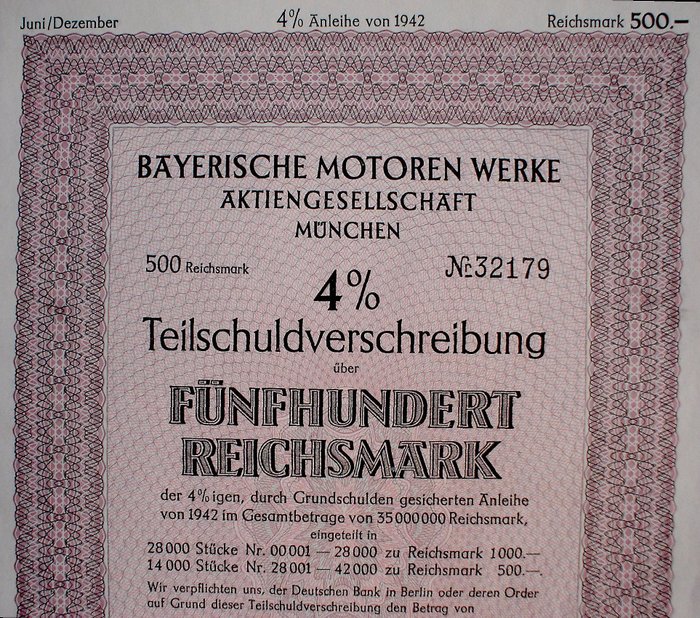 Tyskland. Reichsmark BMW Bayerische Motorenwerke 500 RM Bond Munich 1942 uncancelled  (Ingen mindstepris)