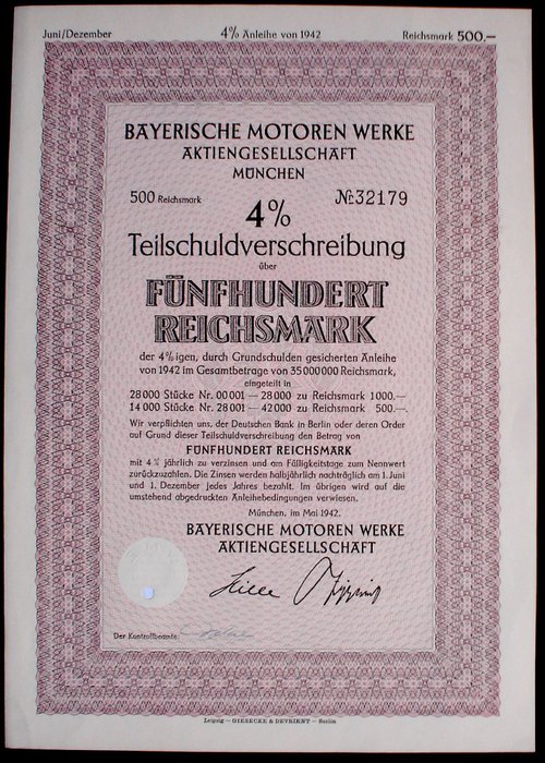 Tyskland. Reichsmark BMW Bayerische Motorenwerke 500 RM Bond Munich 1942 uncancelled  (Ingen mindstepris)