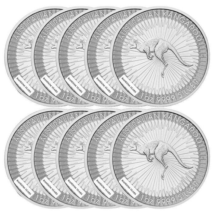 Australien. 10 x 1 oz $1 AUD Silver Kangaroo Coin BU (Random Years)