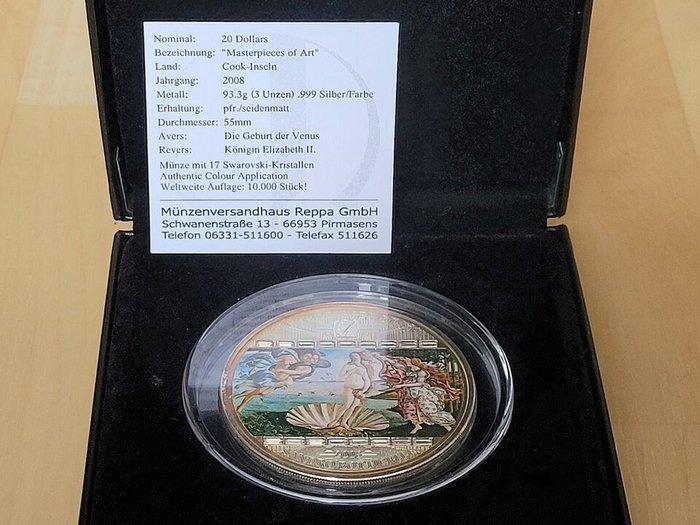 Cook-øerne 20 Dollars 2008 Masterpieces of Art -Sandro Botticelli - "Die Geburt der Venus"  3 Oz (999)