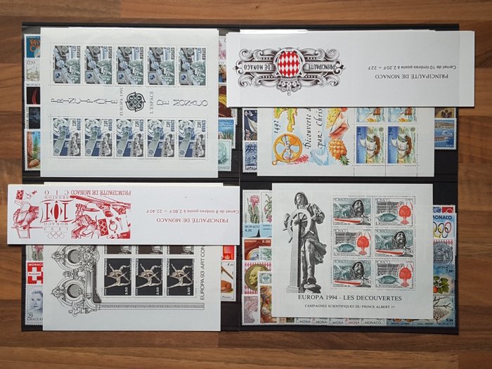 Monaco 1991/1994 - 4 hele år med aktuelle frimærker med souvenirark, forstemplede frimærker og hæfter - Yvert 1753 à 1970 sans les timbres non émis, BF 52, 57, 61, 65, Préo 110 à 113 et carnets 7 à 8