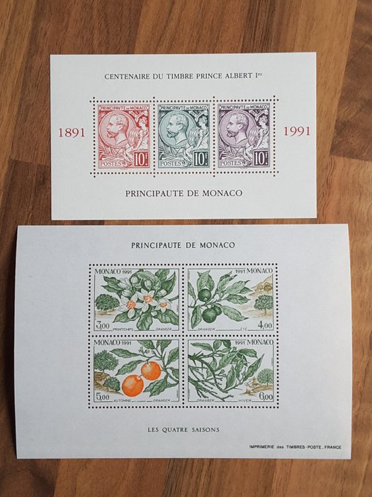 Monaco 1991/1994 - 4 hele år med aktuelle frimærker med souvenirark, forstemplede frimærker og hæfter - Yvert 1753 à 1970 sans les timbres non émis, BF 52, 57, 61, 65, Préo 110 à 113 et carnets 7 à 8